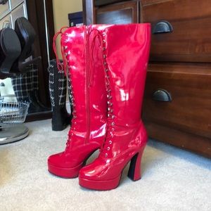 Red vinyl platform boots